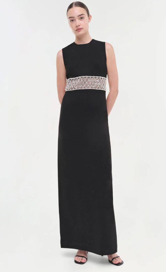 Jonathan Simkhai Party Dress Edit I Black column dress with embellished waist