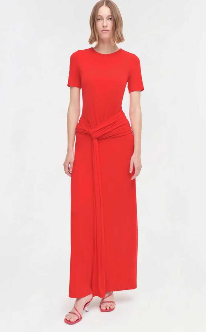 Jonathan Simkhai Party dress edit I short-sleeve fiery red maxi dress with draped drop waist 